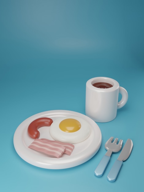 3D render desayuno en fondo azul.