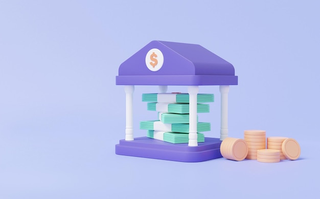 3D render Desenhos animados mínimo edifício de banco roxo com pilha de notas e moedas Conceito de finanças de investimento de negócios depósito de dinheiro transação segurança ilustração de economia de fundo de orçamento financeiro