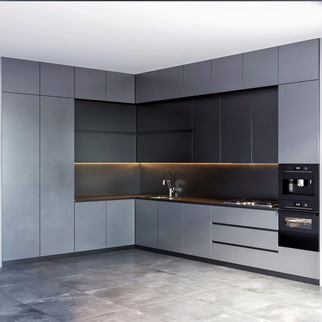 3D render design de interiores de móveis de cozinha moderna