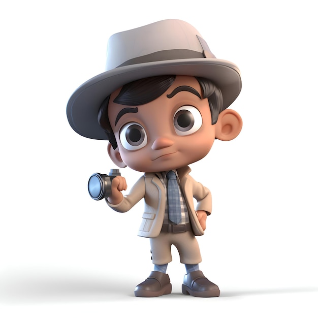 Foto 3d render de un detective de dibujos animados con una lupa