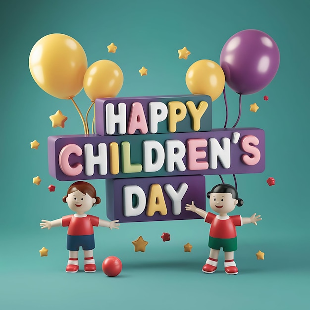 Foto 3d render día de los niños medios sociales post o diseño de banner con globos coloridos y niños