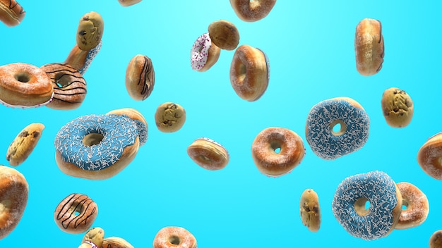 3D render Diferentes donas en un azul