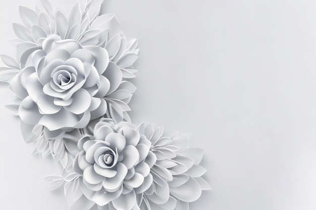 3D-Render digitale Illustration Weißes Papier Blumen Hintergrund Hochzeitsdekoration Brautspitze Grußkartenvorlage leere Blumenwanddekoration