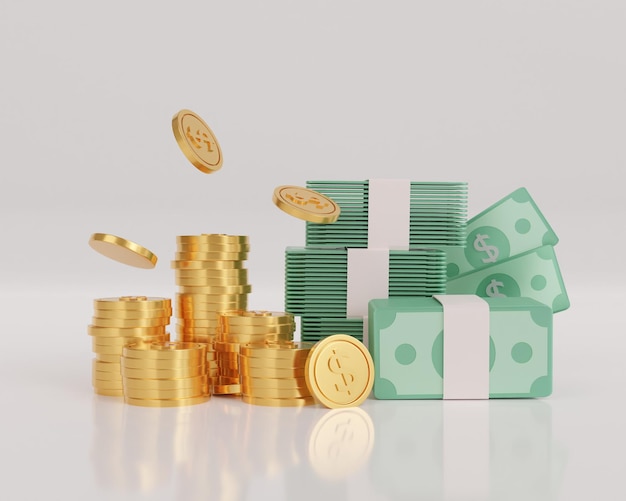 3d render dinero billete y moneda de oro sobre fondo blanco ahorrar dinero concepto ingresos y ganancias