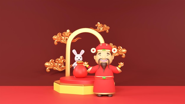 3D Render Dios chino de la riqueza Caishen sosteniendo lingotes con el saco del tesoro del personaje del conejito en el podio y las nubes doradas contra el fondo rojo