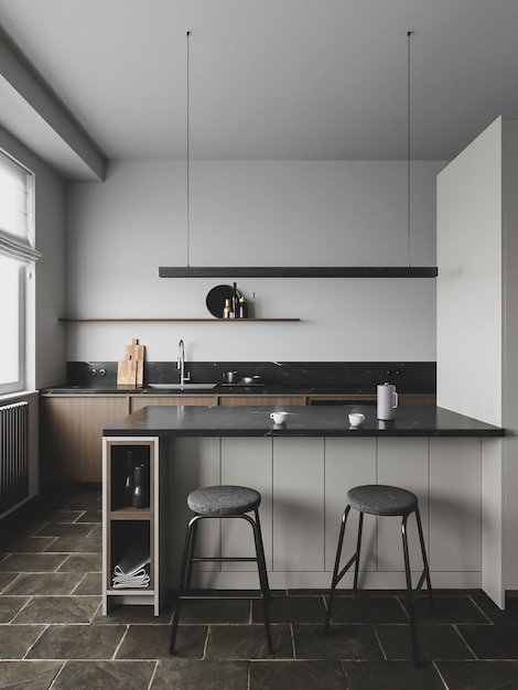 3d render diseño de interiores de cocina nórdica oscura