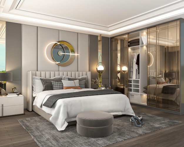 3d render diseño de interiores de dormitorio acogedor de lujo moderno