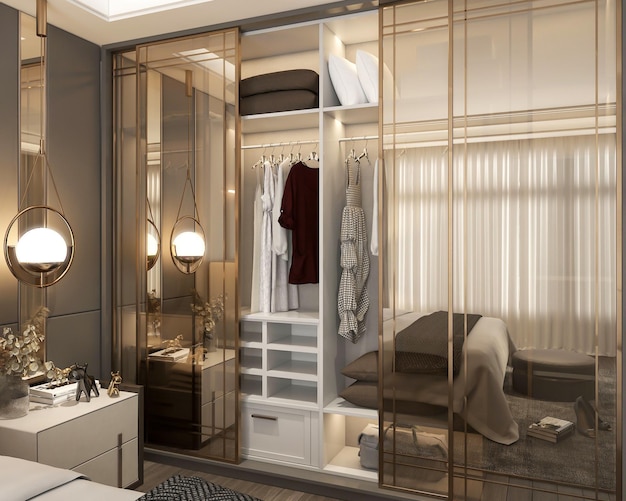 3d render diseño de interiores de dormitorio acogedor de lujo moderno