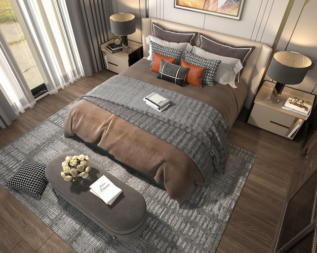 3d render diseño de interiores de dormitorio acogedor de lujo moderno