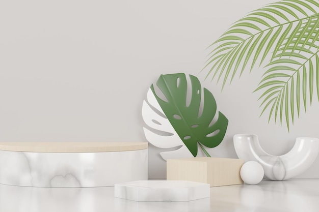 3D render do display de pódio pedestal abstrato com folhas Tropical Monstera. Conceito de produto e promoção para publicidade. Fundo verde natural.