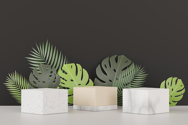 3D render do display de pódio pedestal abstrato com folhas Tropical Monstera. Conceito de produto e promoção para publicidade. Fundo verde natural.