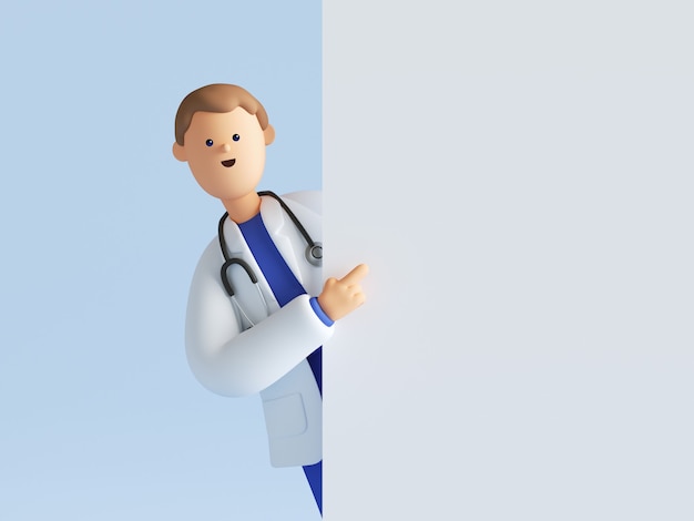 3D render do médico do personagem de desenho animado vestindo uniforme e estetoscópio, apontando o dedo.