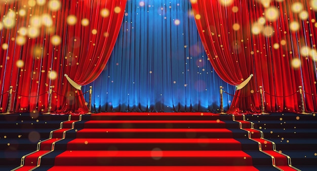 3D render do palco do teatro com cortinas de veludo vermelho, pedestal vazio para a cerimônia de premiação.