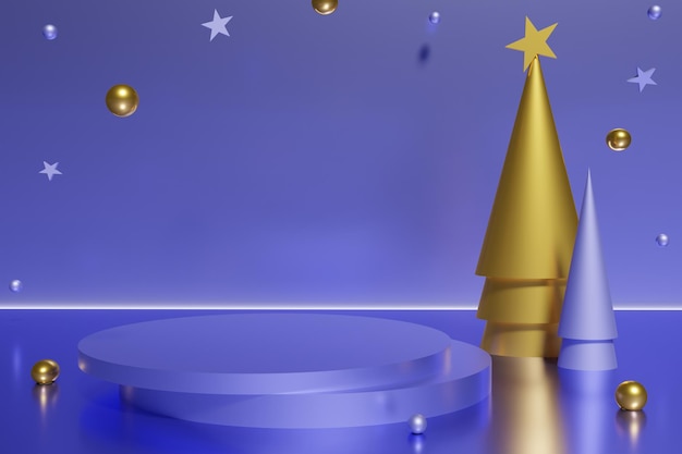 3d render do pódio violeta com cone roxo e dourado. árvores de natal com esferas em um fundo violeta para o natal com a cor do ano 2022