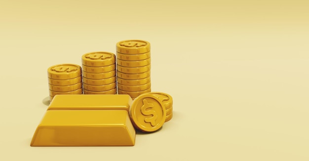 3D Render Dollar Coin y Gold Bar con fondo dorado
