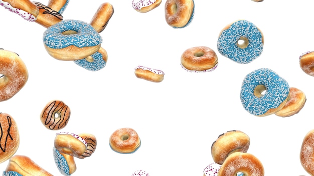 3d render donuts caindo com um fundo branco