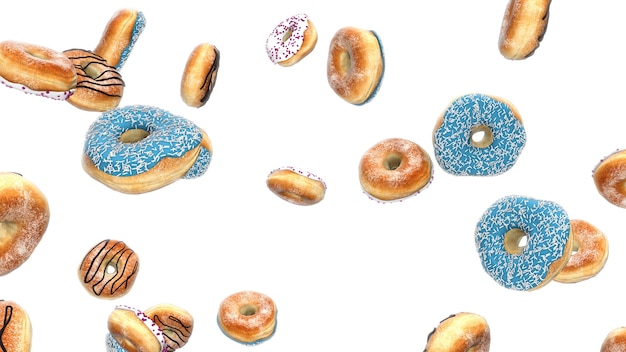 3d render donuts caindo com um fundo branco