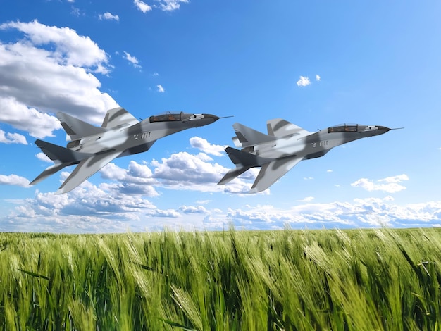 3d render dos aviones militares ganando altura guerra en ucrania cielo soleado