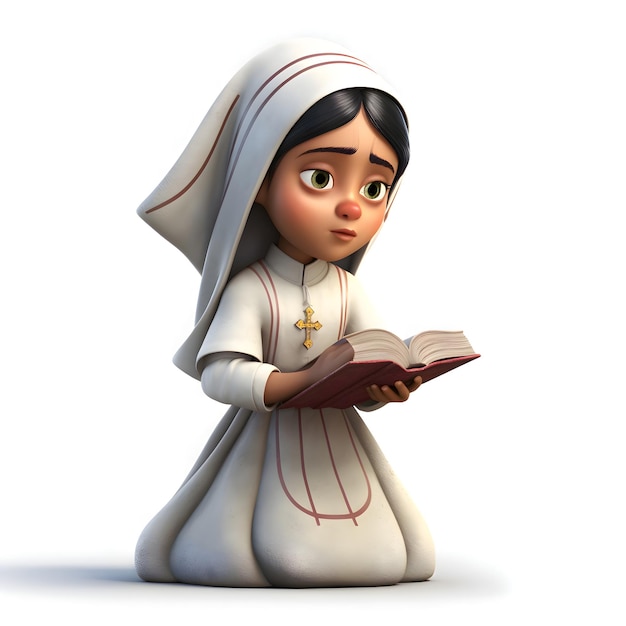 3D-Render einer kleinen Nonne mit einem Buch in den Händen