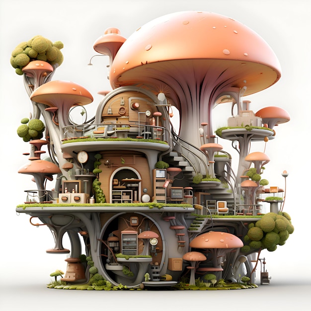 3D-Render eines Fantasy-Fantasy-Hauses mit Pilzen und Bäumen