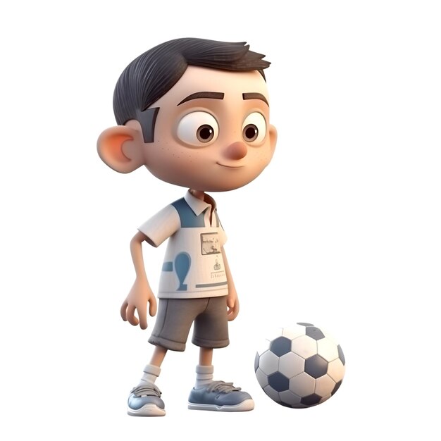 3D-Render eines kleinen Jungen mit einem isolierten Fußball auf weißem Hintergrund