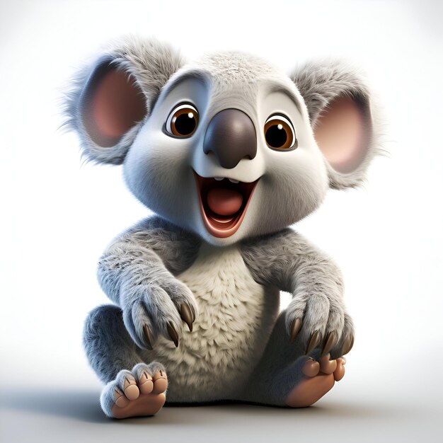 3D-Render eines Koalas mit lustigem Gesichtsausdruck auf weißem Hintergrund