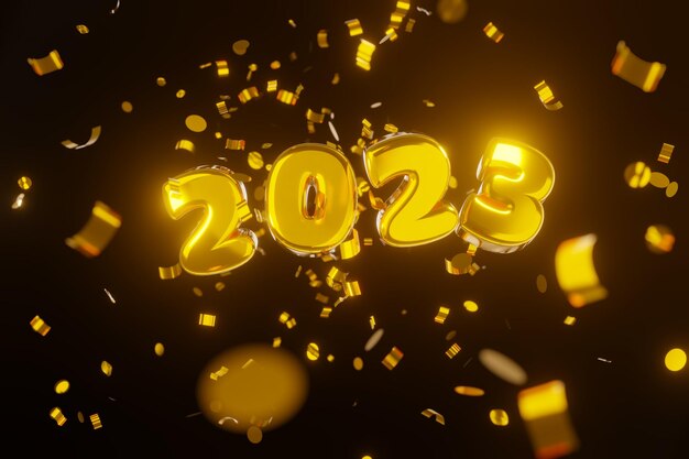 3d render Elegante lujo felicitaciones por el año nuevo Números de oro 2023 vuelan con confeti