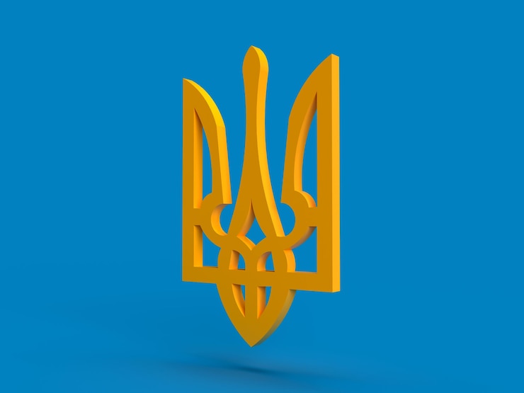 Foto 3d render emblema de ucrania amarillo azul fundamento tridente