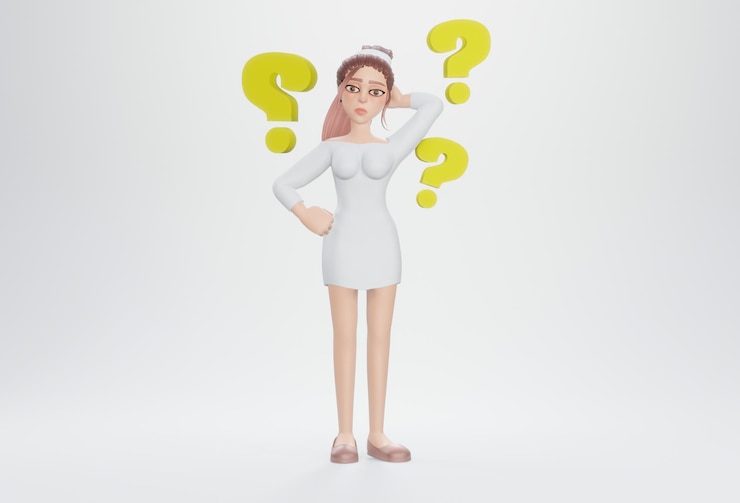 Foto 3d render empresaria buscando una solución chica entre preguntas