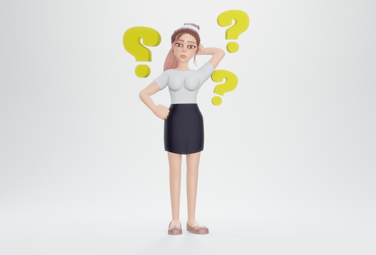 Foto 3d render empresaria buscando una solución chica entre preguntas