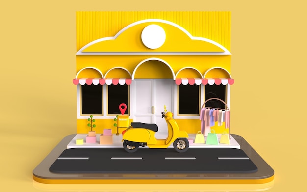 3d render Entrega de envío en motocicleta y concepto de transporte de entrega de fondo de tienda