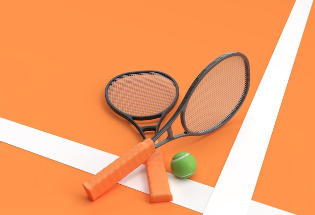 3D Render Equipo deportivo raqueta de tenis con una pelota sobre fondo naranja.