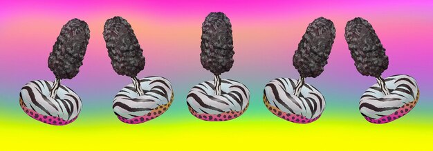 3d render escena de banner abstracto de collage de moda. Colaboración de donas y helados. Estampado de tigre animal. Arte moderno de estilo de comida minimalista.