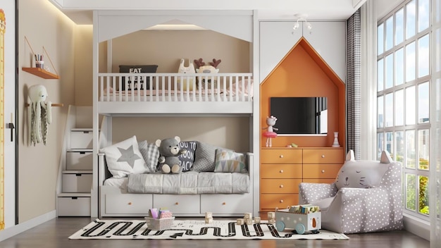 3d render escena interior del dormitorio de la habitación de los niños modernos