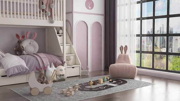 Foto 3d render escena interior del dormitorio de la habitación de los niños modernos