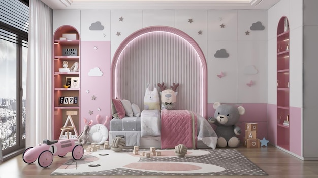 3d render escena interior del dormitorio de la habitación de los niños modernos