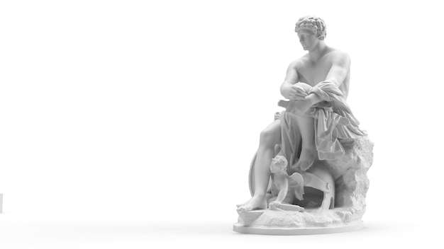 3D render escultura de mármore branco em um fundo branco de um homem sentado com uma criança