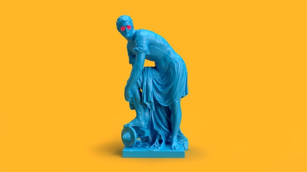 3d render escultura de um homem em altura total na cor azul em um fundo amarelo