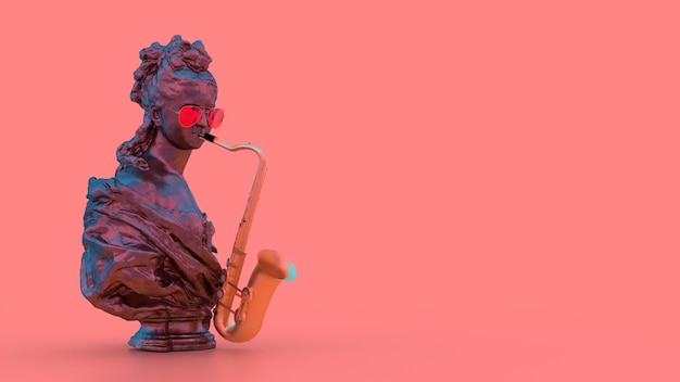 3d render escultura de uma mulher tocando em um fundo rosa saxofone dourado com lugar para texto