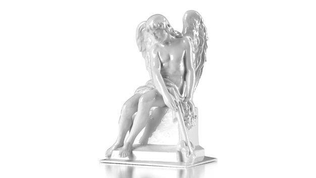 3d render escultura de mármol sobre un fondo blanco ángel con alas está sentado