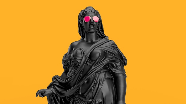 3D Render escultura de una mujer vestida con un sudario negro emocional sobre un fondo amarillo