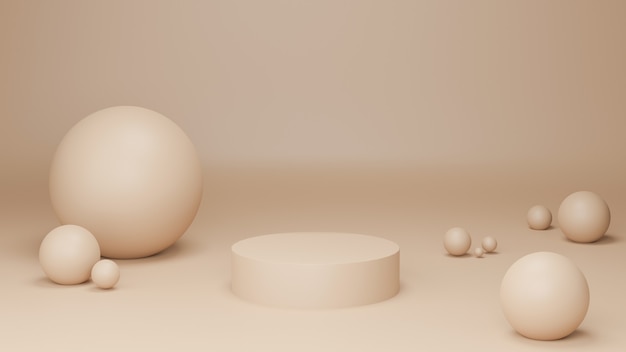 3d render esferas bege e pódio em fundo bege