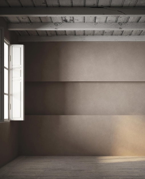 Foto 3d render de espacio vacío moderno con pared de yeso ventana en el lado izquierdo con luz natural