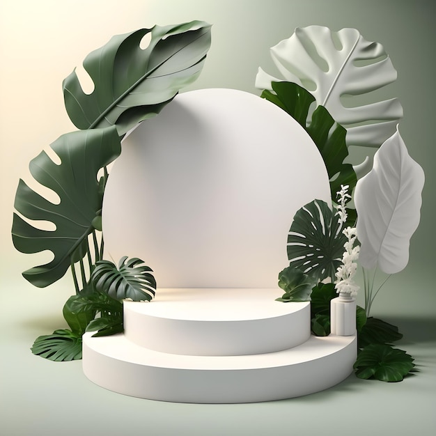 3d render espacio vacío podio con textura de terrazo blanco con planta de casa de hoja de monstera Podio para sesión de producto Ilustración generativa de AI