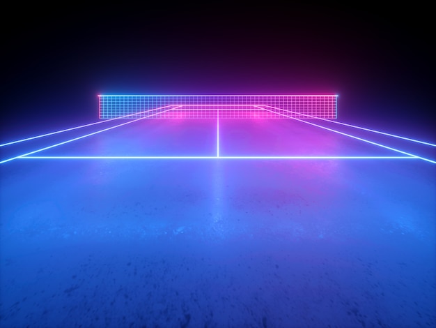 3D render, esquema de quadra de tênis de néon com vista em perspectiva do playground virtual do esporte.