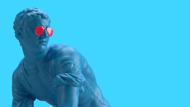 Foto 3d render estatua masculina mirando hacia atrás sobre un fondo azul en gafas mira hacia atrás