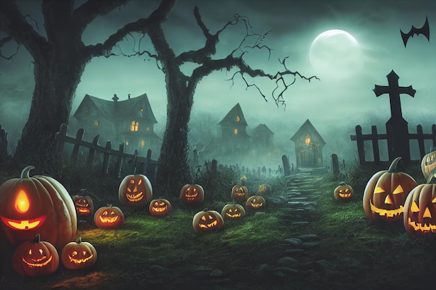 3D render fantasma como uma figura chibi fofa em um cemitério para o Halloween. Papel de parede feliz dia das bruxas