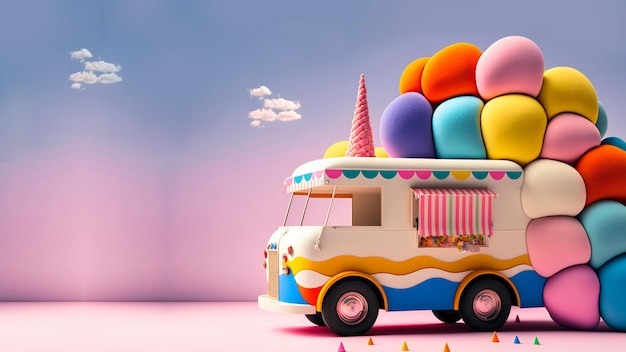 3D Render Fantasy Colorful Food Truck of Candyland sobre fondo rosa y azul