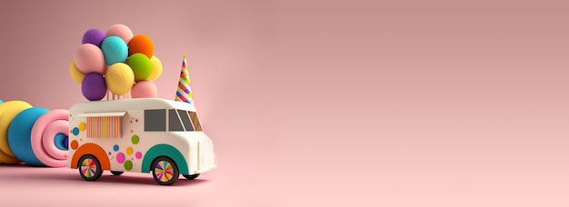 3D Render Fantasy Colorful Food Truck of Candyland sobre fondo rosa y espacio de copia