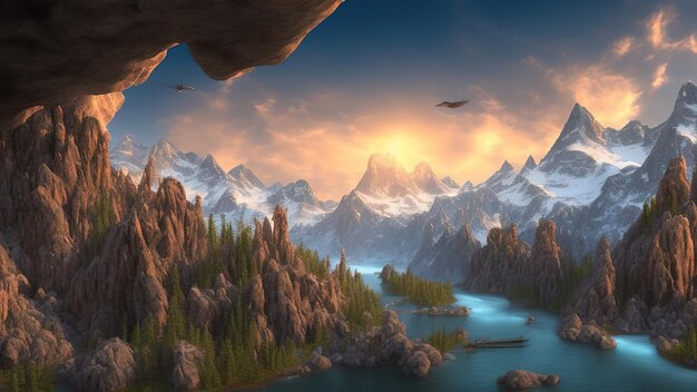 3D-Render Fantasy-Landschaftspanorama mit Bergen, die den Hintergrund reflektieren